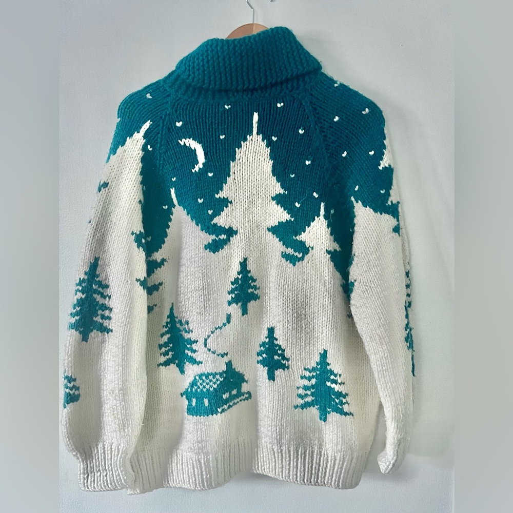 Vintage Handmade Wool Women's Sweater with Cabin and Crescent Moon Winter Scene